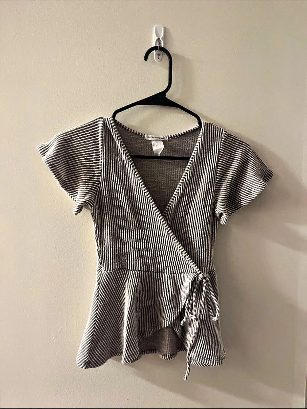 Caution to the Wind Striped Faux Wrap Peplum Top Brown & White